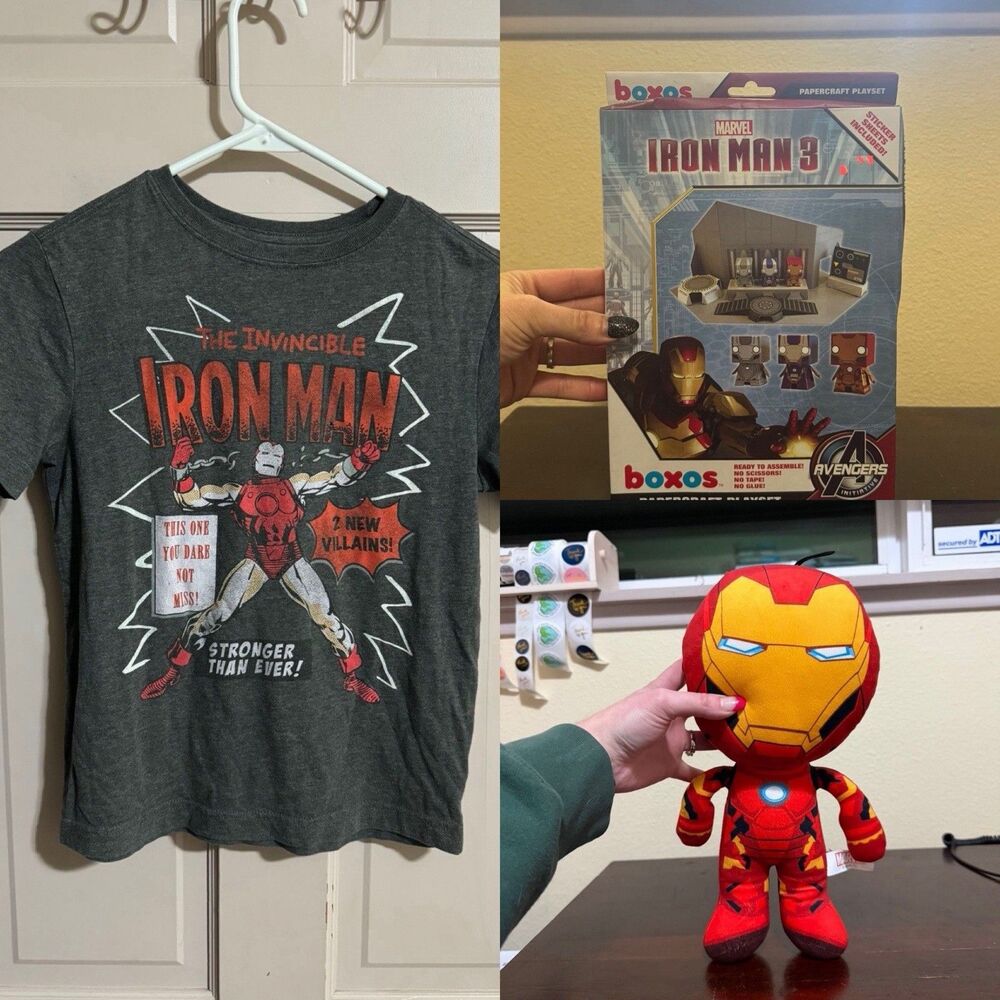 Boys Iron Man Lot - T-shirt Size Medium, Iron Man Plush & Papercraft Play Set